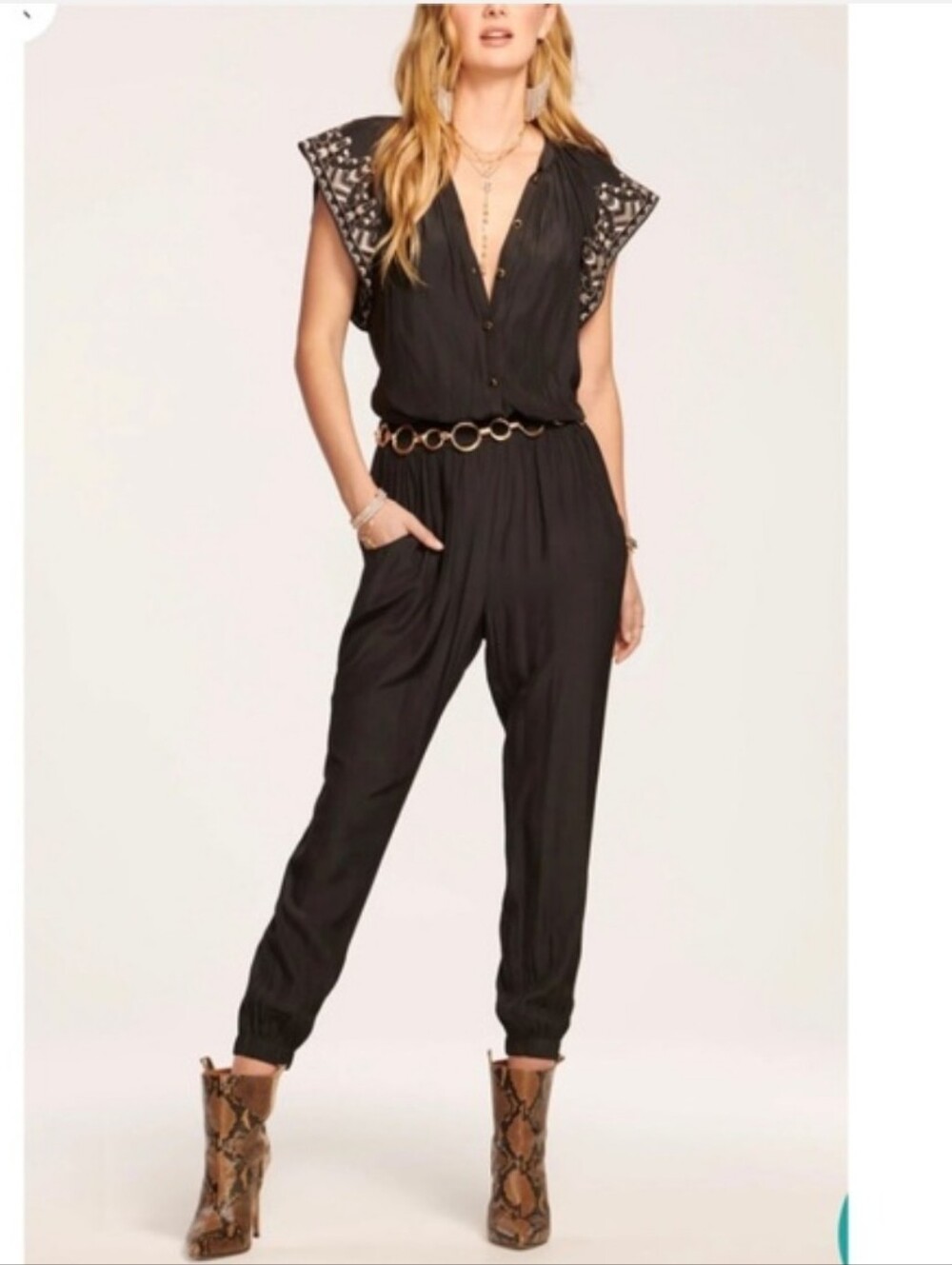 Ramy Brook Ansley Flutter Sleeve Jumpsuit Black Gold Embroidery Medium